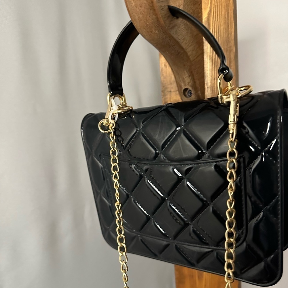Womens Quilted Black Crossbody Bag Classic Top Handle Chain Link Faux Leather S - Picture 6 of 10